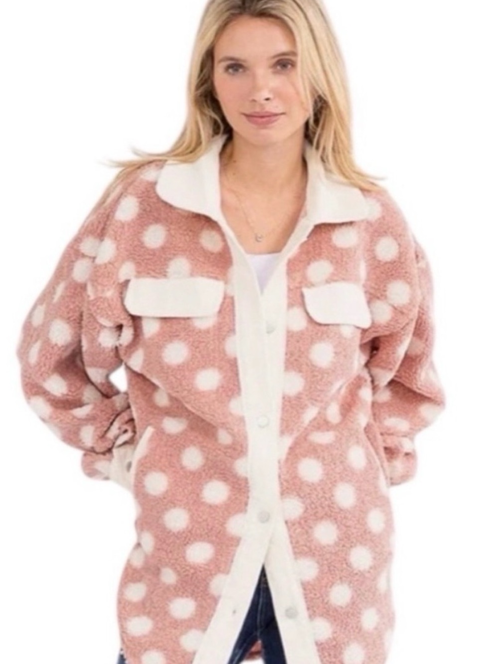 BiBi Pink and White Polka Dot Teddy Jacket Size Large